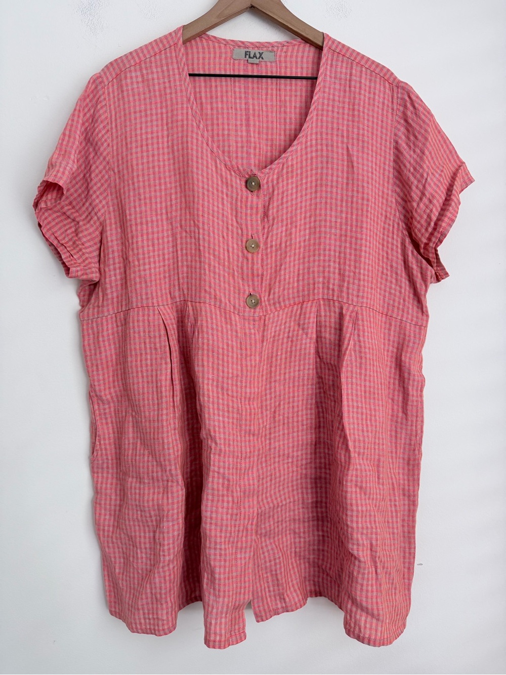 FLAX 100% Linen Pink gingham Tunic mini Dress L Pockets Lagenlook oversized